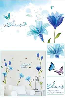 Droomhuis Pegatinas de Pared Mariposas Lirio Azul Flores Vinilos Decorativos Cocina Dormitorio Baño Salón Telón de Fondo de TV DIY Pegatina Mural