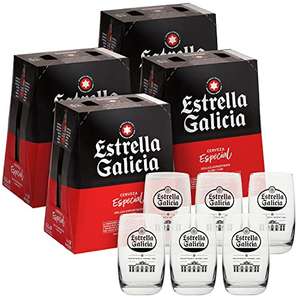 Estrella Galicia Cerveza Especial 4 packs x 6 botellas de 25 cl + Juego de 6 vasos de caña