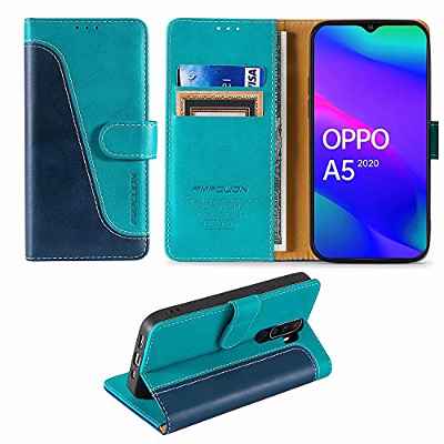 FMPCUON Funda Compatible con OPPO A5 2020/A9 2020/Oppo A11/A11X, Funda Tapa Libro Movil Carcasa PU Cuero para OPPO A5 2020/A9 2020/Oppo A11/A11X [Ranura para Tarjeta] [Función de Soporte],Azul/Verde