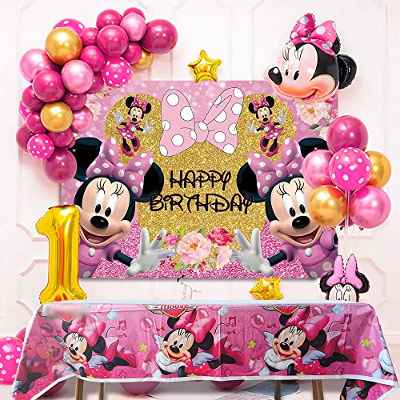 Fondo de fondo de ratón rosa y mantel para niñas, decoración de fiesta de cumpleaños, fotografía de cumpleaños, pancarta de fondo de 150 x 90 cm, con cubierta de mesa, suministros para fiesta