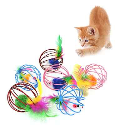 FuninCrea 6 Bolas de Juguete para Gatos con Plumas y Ratones de Colores, Bolas de Alambre de Acero Duradero Adecuadas para Gatos Caza y Juegos en Interiores y Exteriores
