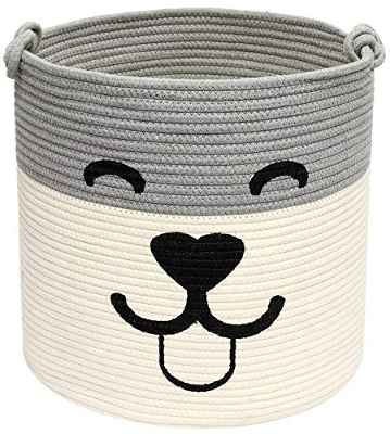 Geyecete-Cuerda de Algodón Cesta de almacenamiento de juguetes para perro,cesta de almacenamiento de juguetes para mascotas, cajas de almacenamiento para la colada-Beige/ Gris