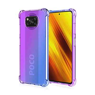 HAOTIAN para Xiaomi Poco X3 NFC Funda, Funda Gradiente Transparente TPU, Carcasa Cristal Ultra Slim Flexible Suave Silicona TPU Bumper, Reforzar la Cuatro Esquinas Case Cover (Morado/Azul)