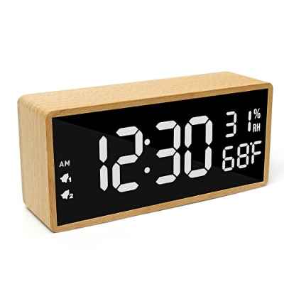 hinrey Despertador LED de Madera, Reloj Despertador Digital con Doble Alarma/Snooze/7 Niveles Brillo/5 Niveles Volumen, Reloj de Sobremesa Alimentado por USB para Salón/Dormitorio/Oficina-Haya