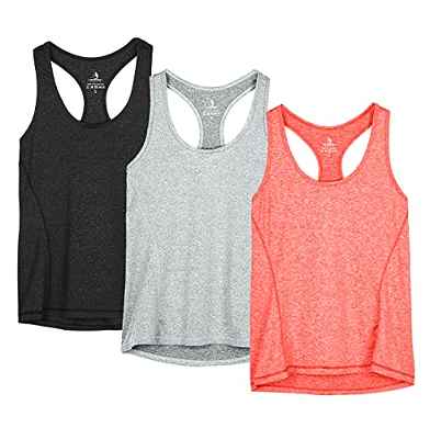 icyzone Camiseta de Tirantes Fitness Deportiva Mujer, Pack de 3 (M, Negro/Granito/Naranja)
