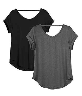 icyzone Camiseta de Yoga Deportiva de Suelta Transpirable de Manga Corta de Espalda Abierta para Mujer,Pack de 2 -L-