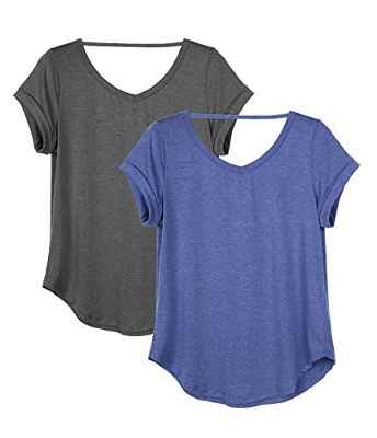 icyzone Camiseta de Yoga Deportiva de Suelta Transpirable de Manga Corta de Espalda Abierta para Mujer,Pack de 2 -M-