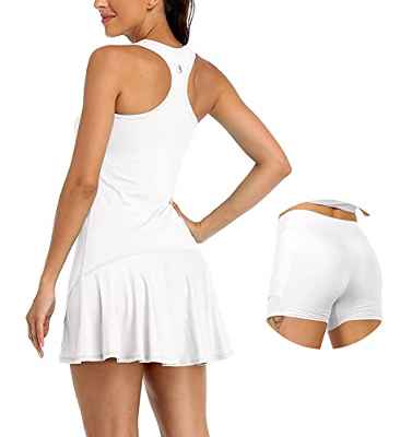 icyzone Vestido de Tenis atlético para Mujer con Pantalones Cortos de Golf, Ejercicio, Correr, Espalda Cruzada, sin Mangas (S, Blanco)