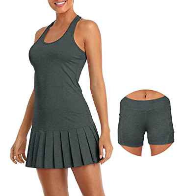 icyzone Vestido de Tenis para Mujer con Pantalones Cortos Racerback para Deporte, Golf (M, Negro)