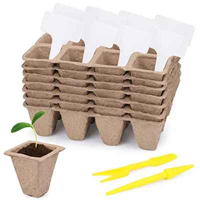 Idefair 12 macetas de turba para plantas de semillero,144 celdas rejillas de kit de inicio de plantas orgánicas,bandejas de semillas biodegradables con etiquetas de plantas y herramienta de excavación