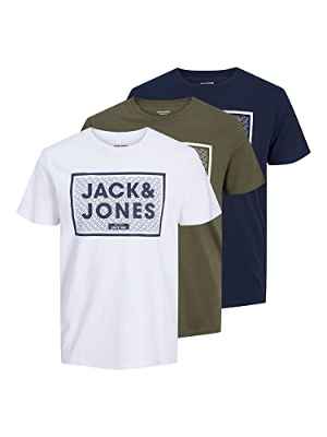 Jack & Jones Jjharrison tee SS Crew Neck-Camiseta de Manga Corta (3 Unidades), White/Pack:White+navyblazer+dustyolive, XXL para Hombre