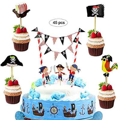 JAHEMU Cake Topper Pirata Decoración de Tartas de Cumpleaños Cupcake Topper Halloween Pastel Topper para Fiesta de los Niños, Baby Shower, Boda (45 Piezas)