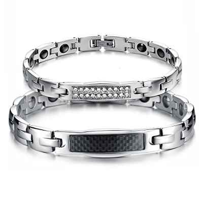 JewelryWe Pulseras Parejas, 2PCS Pulseras para Parejas, Pulseras Magneticas Imanes Brazaletes Hombre Mujer Acero Inoxidable Plateado Negro
