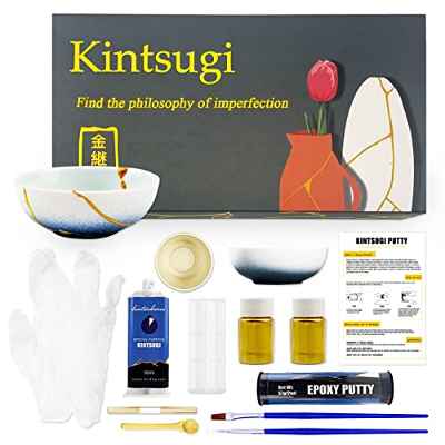 Kintsugi - Kit de reparación para reparar tu cerámica con pegamento en polvo dorado, kit de reparación de cerámica Kintsugi, perfecto para principiantes, con una taza de práctica