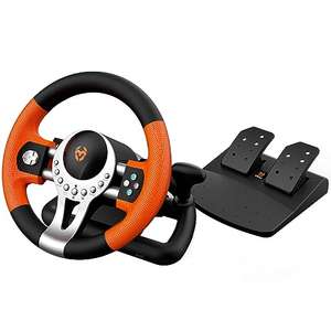 KROM K-Driver Juego Volante Y Pedales Multiplataforma, Palanca Cambios Levas En Volante, Efecto Vibracion, Pc, Ps3, Ps4 Xbox, Negro/Naranja