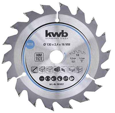 kwb 581857 Hoja de sierra circular para aglomerado, madera/madera dura, 130 x 16 mm, cortes limpios, número medio, 18 dientes Z-18, hoja de sierra CleanCut media, 130 x 16