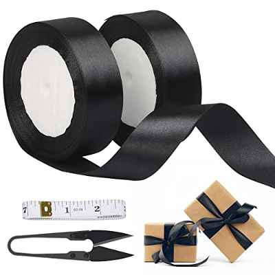 LAMEK 50Yardas Negro Cinta de Tela 25mm Seda Raso Cinta de Satén Decoración Brillante para Manualidades Costura Embalaje Regalo Cajas Flores Navidad Boda Día de San Valentín Fiesta