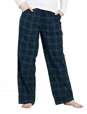 LAPASA Pijama Mujer de 100% Algodón Franela con Estampado Escocés, Pantalones de Pijama para Casa L74 M Cuadros Verde Oscuro y Azul Marino