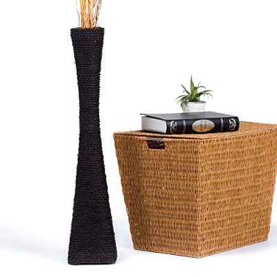 Leewadee jarrón Grande para el Suelo – Florero Alto y Hecho a Mano de bambú y Rafia, Recipiente de pie para Ramas Decorativas, 70 cm, Negro