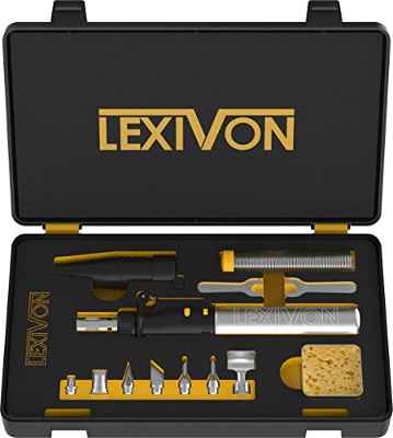LEXIVON Kit multipropósito soldador de butano | Juego de 7 puntas de llama ajustable con autoencendido inalámbrico | Pro Grade Equivalente de 125 vatios (LX-770)