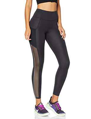 Marca Amazon - AURIQUE Mallas de Deporte de Tiro Alto con Banda Lateral Mujer, Negro (Black/White), 42, Label:L