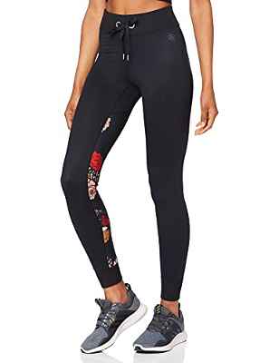 Marca Amazon - AURIQUE Super Soft Contrast Print - Mallas de entrenamiento Mujer, Negro (Black/Floral Print), 36, Label:XS