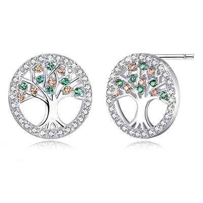 MEGA CREATIVE JEWELRY Pendientes Árbol de la Vida para Mujer Regalo Madre Esposa Abuela Joyería Plata 925 con Cristales