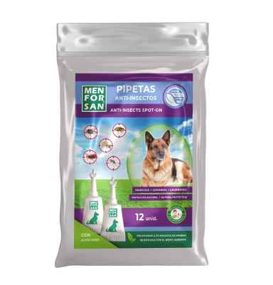 MENFORSAN Pack con 12 pipetas Anti-Insectos para Perros, con Margosa, geraniol y lavandino, con Bolsa autocierre