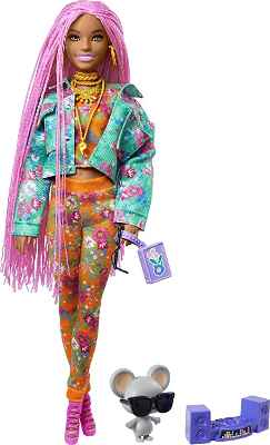 Muñeca Barbie Articulada Trenzas Rosas y Ropa de Flores 