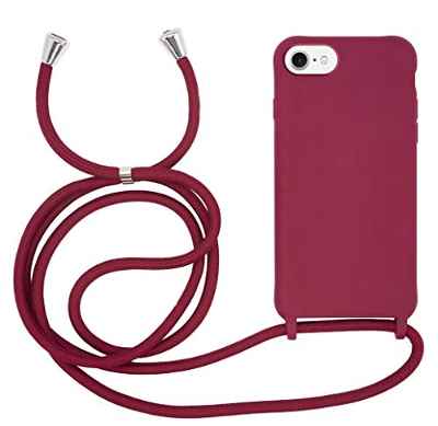 MyGadget Funda con Cuerda para Apple iPhone 6 / 6s / 7/8 / SE 2020/2022 - Carcasa en Silicona TPU Suave con Cordón - Case y Correa Colgante Ajustable y Portátil - Rojo Bordeaux