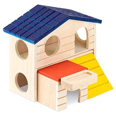 Navaris Casa de Madera para hámster - Casita Multicolor para hámsters roedor pequeño - con 2 Plantas balcón Ventanas y rampa - 16 x 15,5 x 15 cm