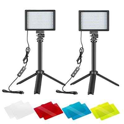 NEEWER 2 Packs Kit Iluminación Fotografía Portátil Regulable 5600K USB 66 Luz Video LED con Mini Trípode Ajustable Filtros Color para Fotografía Mesa/Angulo Bajo Video Estudio