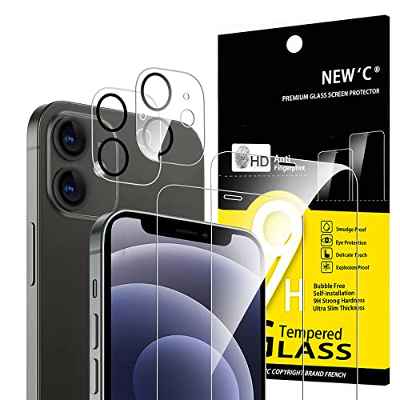 NEW'C [4 Pack, 2 x Protector Pantalla para iPhone 12 Mini y 2 x Protector Pantalla Protector de Lente de Cámara - Cristal Templado - Anti-Rayaduras - Ultra Resistente - Cristal Dureza 9H
