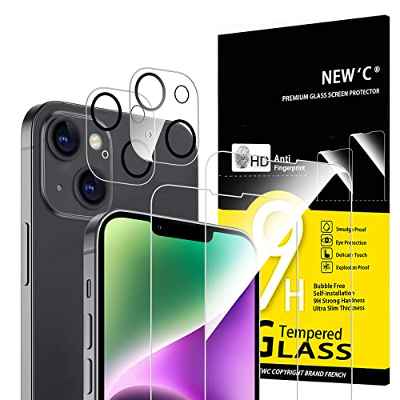 NEW'C [4 Pack, 2 x Protector Pantalla para iPhone 14 (6,1") y 2 x Protector Pantalla Protector de Lente de Cámara - Cristal Templado - Anti-Rayaduras - Ultra Resistente - Cristal Dureza 9H