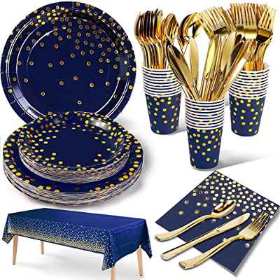 Nkaiso Vajilla de fiesta,141 piezas Reutilizable Azulmarino puntos dorados,set de juego de platos y cubiertos, cubertería de cartón, vasos y servilletas,para cumpleaños,aniversarios (20 invitados)