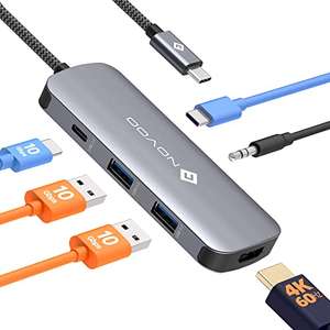 NOVOO USB C Hub USB C a USB 3.2 x 2, 100W PD de Carga, 4K @ 60Hz HDMI y USB-C 3.2 10Gbps Data Ports, 3.5mm Audio, 6 en 1 USB C