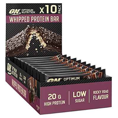 Optimum Nutrition Whipped Bar, Barritas Proteínas con Cobertura de Chocolate con Leche, Bajo en Azúcar, Rocky Road, 10 Barras (10 x 60 g)