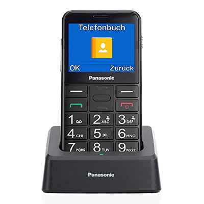 Panasonic KX-TU155 - Teléfono móvil SIM para personas mayores, pantalla de 2.4", memoria hasta 32 GB, botón de emergencia, con base de carga, color negro