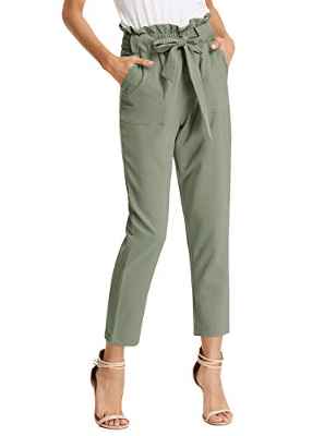 Pantalones Anchos de Mujer Elegantes con Lazo elástico de Cintura Alta con Lazo Casual Transpirable Gris Claro Verde S