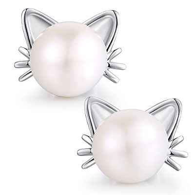 Pendiante gato plata Pendientes perlas gato Pendientes mujer plata con perla Pendientes forma gato Pendientes mujer plata gato Aretes de gato plata Pendientes gato de perlas para niñas mujer