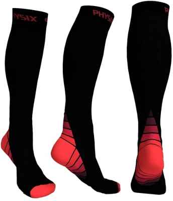 Physix Gear Sport Calcetines de compresión, los mejores calcetines compresión mujer y hombre para el dolor de pies y gemelos, medias de compresión hombre y mujer, 1 par, S/M, negro/naranja