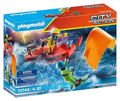 PLAYMOBIL City Action 70144 City Action, Rescate Marítimo: Rescate de Kitesurfer con Bote, Juguetes para niños a partir de 4 años