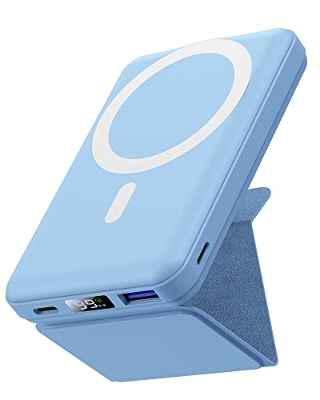 Power Bank 10000mAh, Yiisonger Bateria Externa Magnético Inalámbrico Bateria Portatil Carga Rapida Plegable Powerbank USB-C Compatible con MagSafe iPhone 14/13/12/Pro/Pro MAX/Mini(Azul Claro)