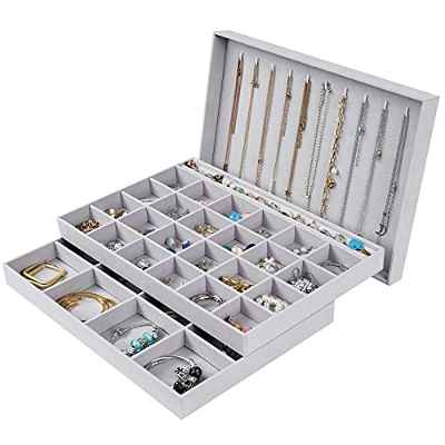 Procase 3 Bandejas Organizadora para Joyería, Apilables para Cajón Tocador Armario, Exhibidor de Collares Pendientes Pulseras Anillos Relojes, Regalo Ideal para Mujeres y Niñas -Gris
