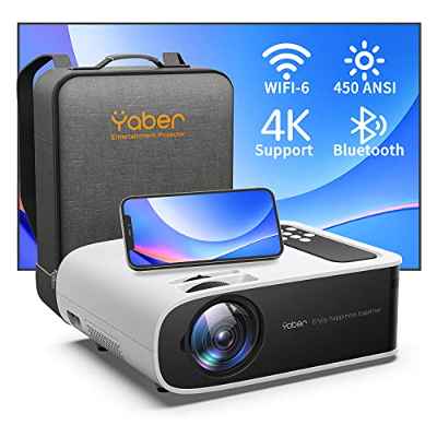 Proyector WiFi 6 Bluetooth, 450 ANSI YABER Full HD 1080P Proyector Soporte 4K, Corrección Trapezoidal de 4 Puntos y 50% Zoom, Proyector Portatil de Cine En Casa para Movil TV Stick PS5, iOS/Android