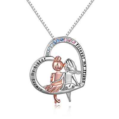 Regalos de Hermana, Collar de Plata de Ley 925 Mujer, Hermanas Joyería"Always My Sister Forever My Friend" con Colgante de Corazón de Amor