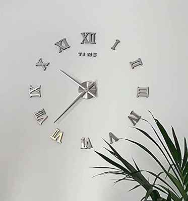 Reloj de Pared 3D DIY sin marco Números Romanos Reloj Pared Tamaño Grande Silencioso acrílico Reloj moderno Reloj de Etiqueta de Pared para Decorar La estar dormitorio Oficina o Casa (2 Plata, L)