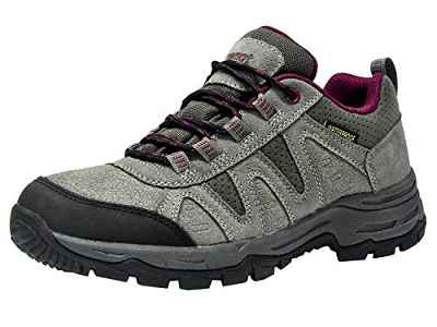 riemot Zapatillas Trekking para Mujer y Hombre, Zapatos de Senderismo Calzado de Montaña Escalada Aire Libre Impermeable Ligero Antideslizantes Zapatillas de Trail Running, Mujer Gris Rojo 36 EU