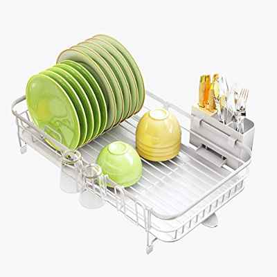 SAYZH Escurridor De Platos, Escurridor De Platos Extensible (32,5 cm-54,6 cm) con Soporte para Utensilios, Portavasos, Estante De Secado De Platos De Acero Inoxidable para Mostrador De Cocina, Blanco