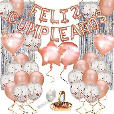Set de decoración cumpleaños 80 piezas, con pancarta de letras inflables FELIZ CUMPLEAÑOS en español, globos de látex rellenos de confeti, estrellas y corazones, cinta para globos, y adhesivo